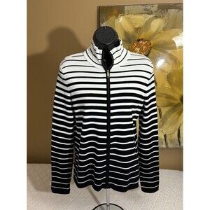 Jones New York Signature Women’s Striped White/Black Full Zip Sweater Size Small